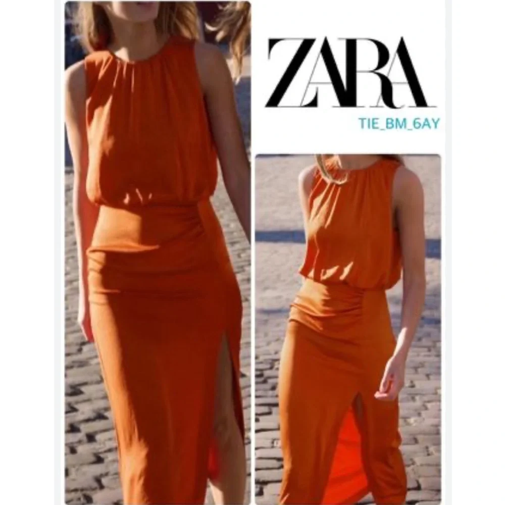 ZARA : Orange‎ Gathered Midi Dress
